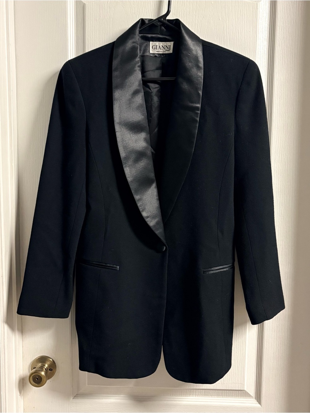 Ganni Black Satin Lapel Vintage Wool Single-Button Tuxedo Blazer